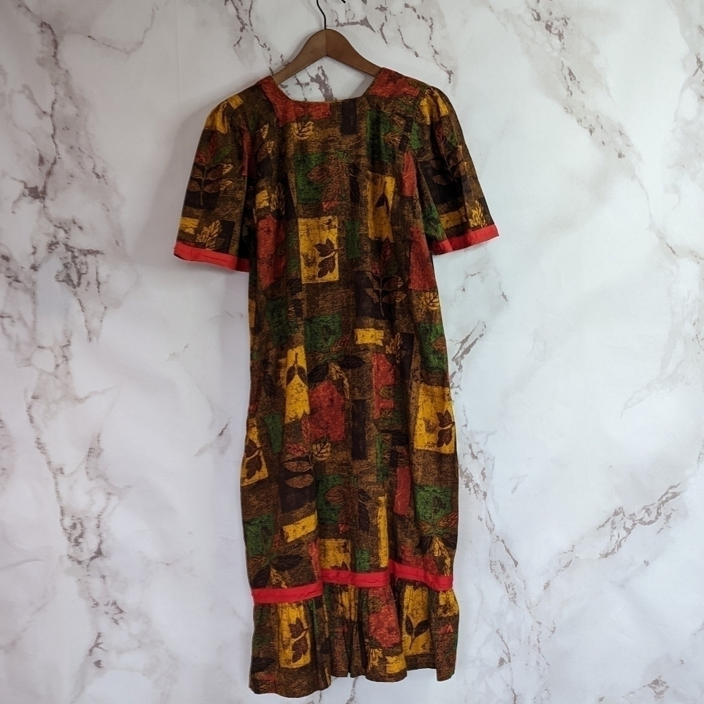 🖤  Vintage handmade peasant dress brown leaF autumn cottagecore Prairie - Picture 8 of 9